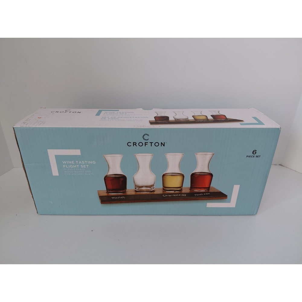 Wine Tasting Flight Set Of 4 Decanter Glasses On Wood board With Chalk Slate New